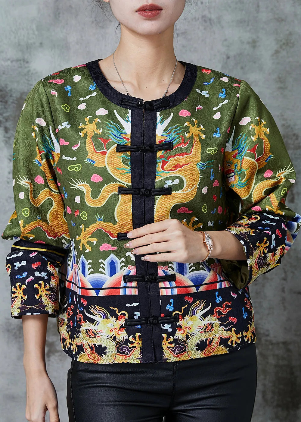 Green Embroidered Patchwork Silk Coat Spring