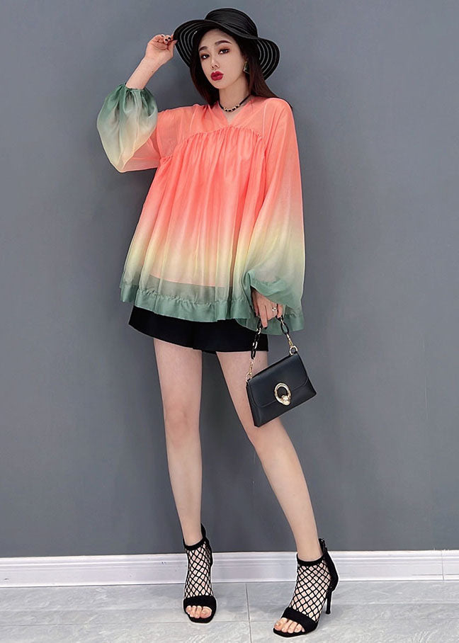 Unique Red Gradient Color V Neck Wrinkled Tulle Top Lantern Sleeve