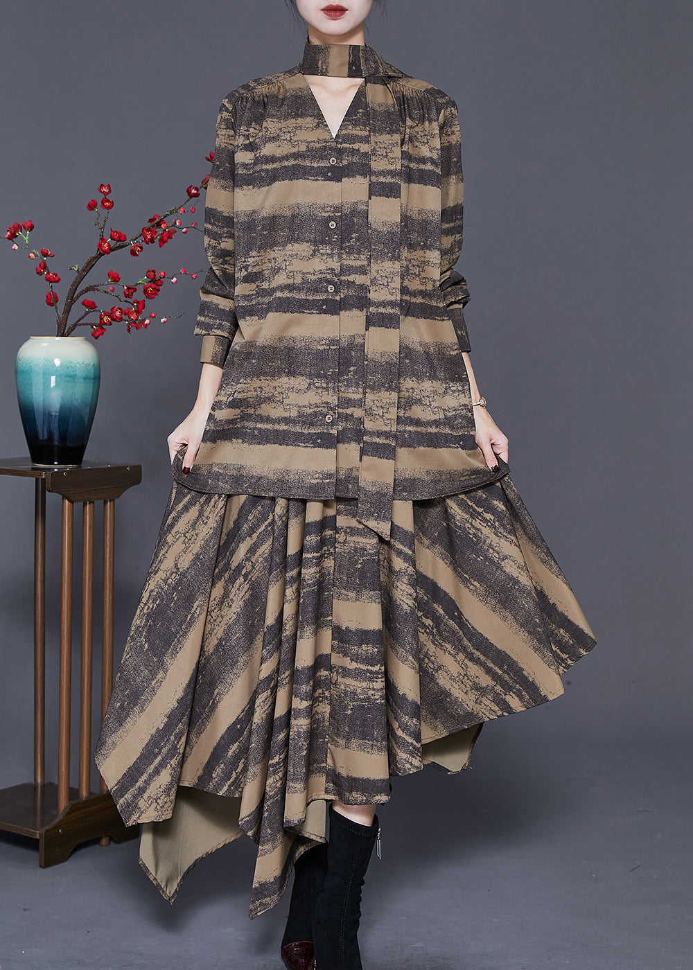 Brown Asymmetrical Tie Dye Cotton Two Piece Set Clothing Spring