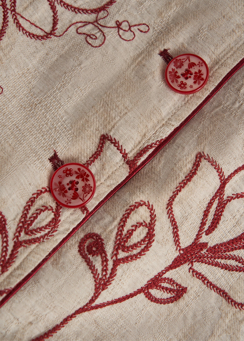 Beige Embroidered Pockets Linen Coats Fall