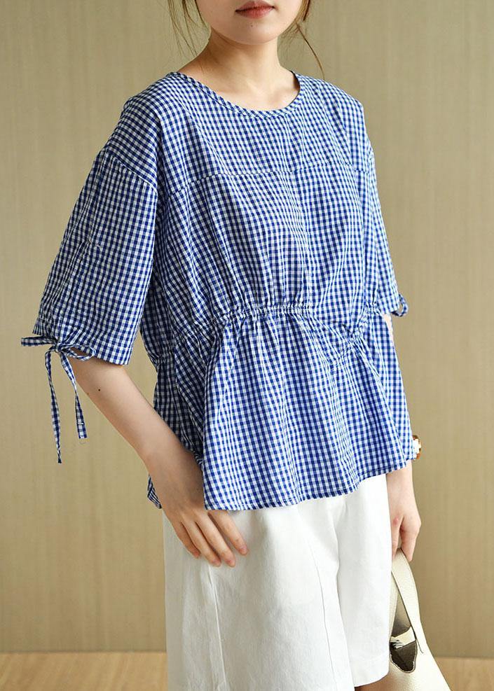 French Blue Plaid Patchwork Drawstring Summer Cotton Half Sleeve Blouse Top
