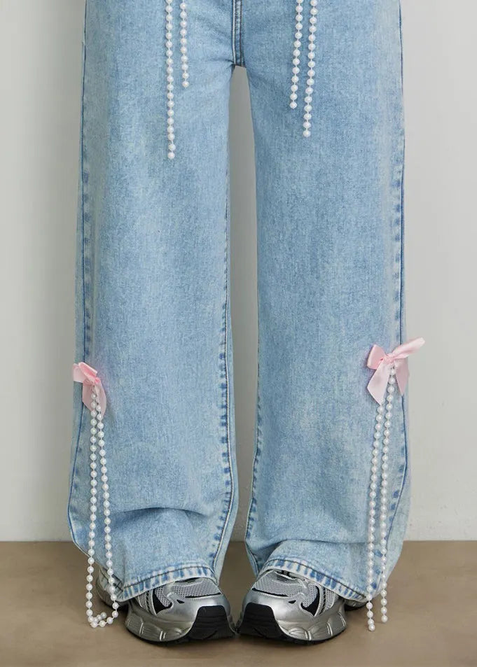 Blue High Waist Bow Pearl Tassel Wide Leg Jeans