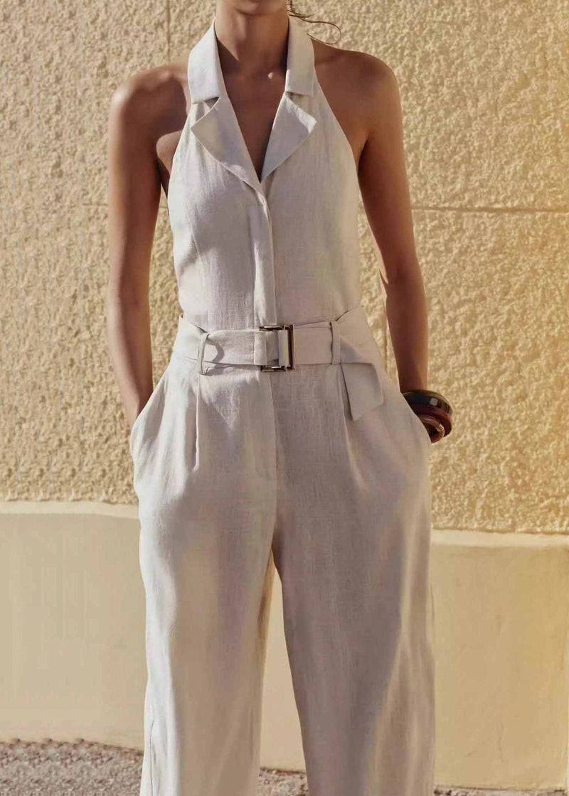 Beige Halter Pockets Cotton Jumpsuit Sleeveless