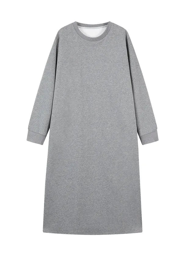 Grey O Neck Loose Cotton Straight Dresses Fall