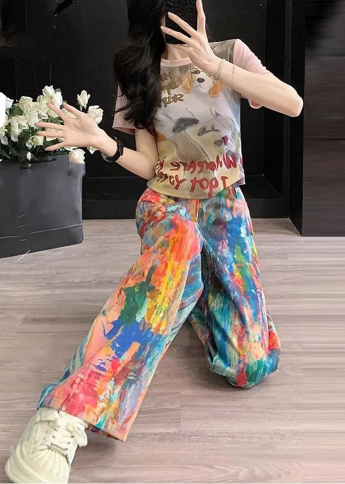 Handmade Tie Dye Top and Wide Leg Jeans Two Piece Set Summer