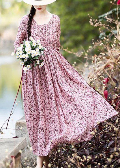 Pink Purple Print Cinched Cotton Pockets Summer Long Dresses