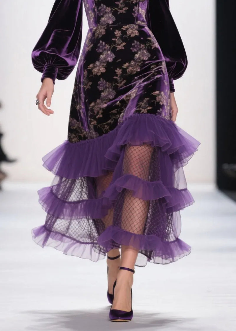 Art Purple Cold Shoulder Print Ruffled Velvet Dress Fall
