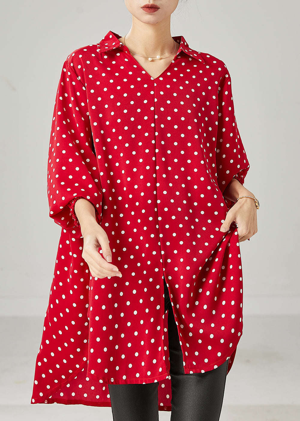 Red Oversized Dot Chiffon Shirt Top Spring