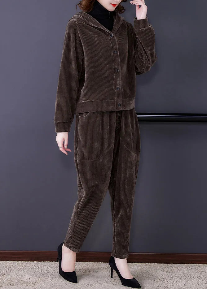 Coffee Patchwork Hooded Corduroy Coats and Harem Pants Two Pieces Set Fall