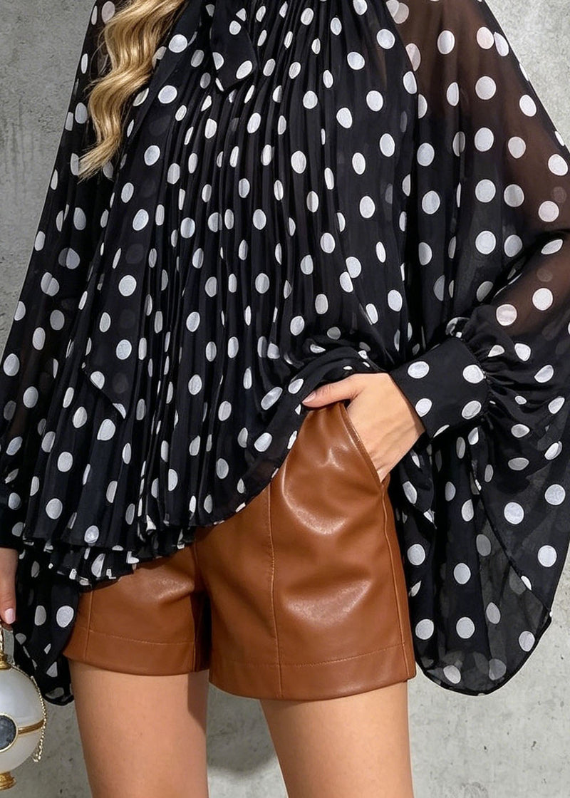 New Loose Black Dot Print Bow Chiffon Shirt Batwing Sleeve