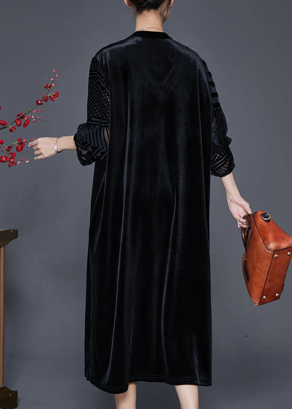 Black Loose Silk Velour Dress V Neck Embroideried Fall