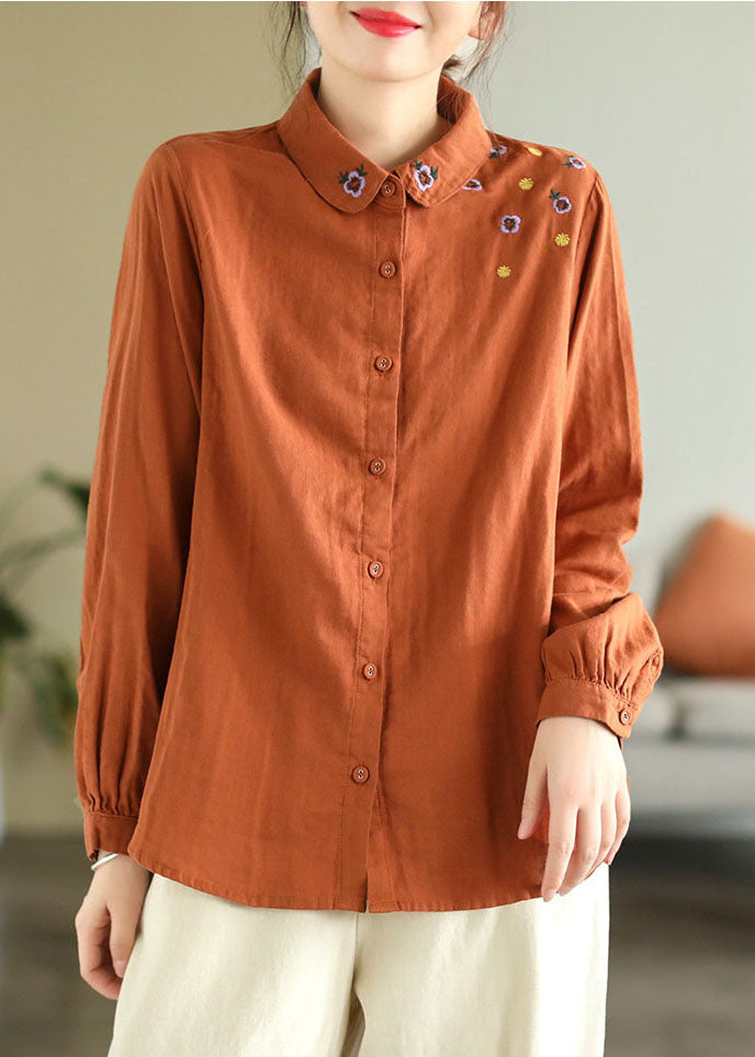 Diy Orange Turn-down Collar Embroideried Cotton Shirts Spring