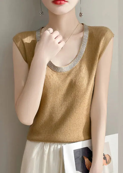 Yellow U Neck Patchwork Knit Tank Summer