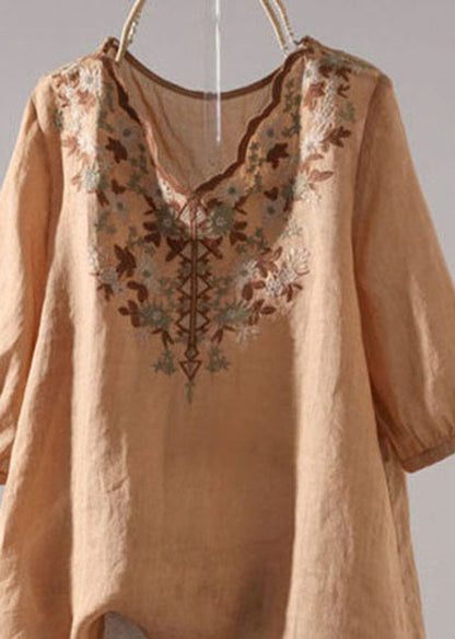 Khaki V Neck Embroideried Patchwork Linen T Shirt Summer