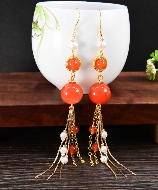 Orange Silver Sterling Overgild Agate Pearl Tassel Drop Earrings