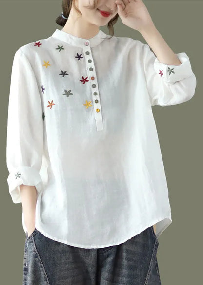 White Stand Collar Embroideried Linen Shirt Spring