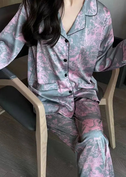 Pink Peter Pan Collar Button Ice Silk Pajamas Two Piece Set Spring