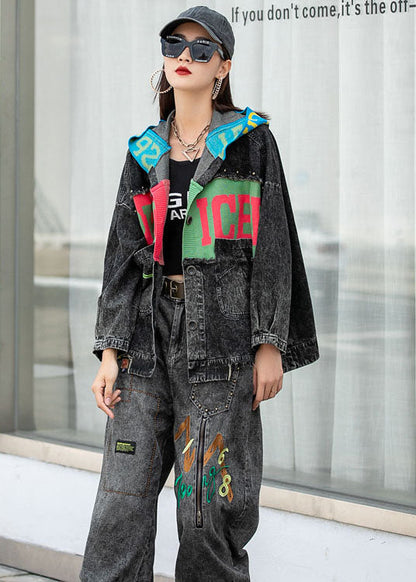 Denim Patchwork Knit Pockets Hooded Fall Coats Long Sleeve