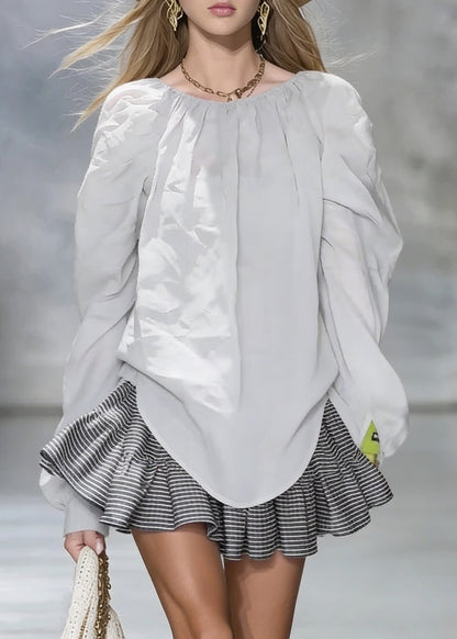 New Grey Wrinkled Cotton Shirt Tops Spring