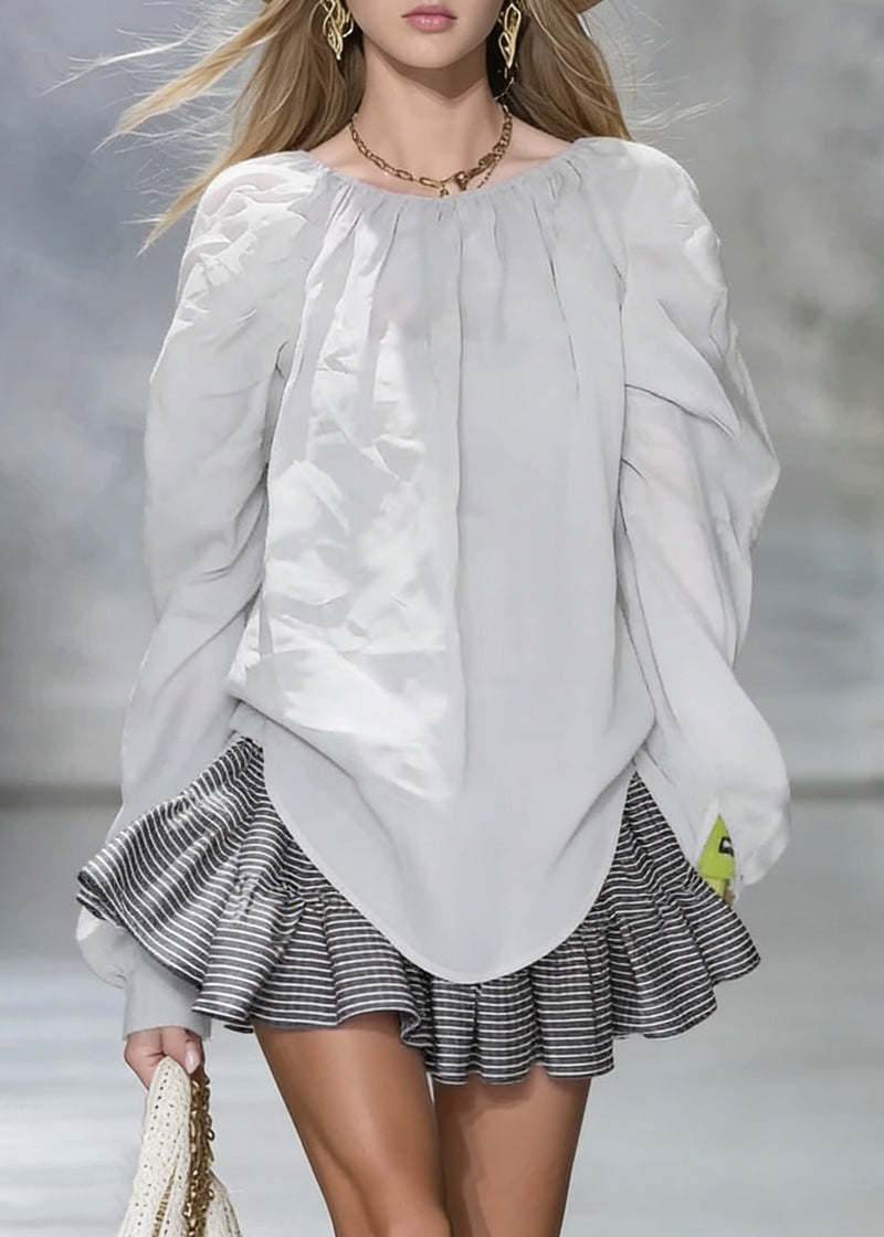 New Grey Wrinkled Cotton Shirt Tops Spring
