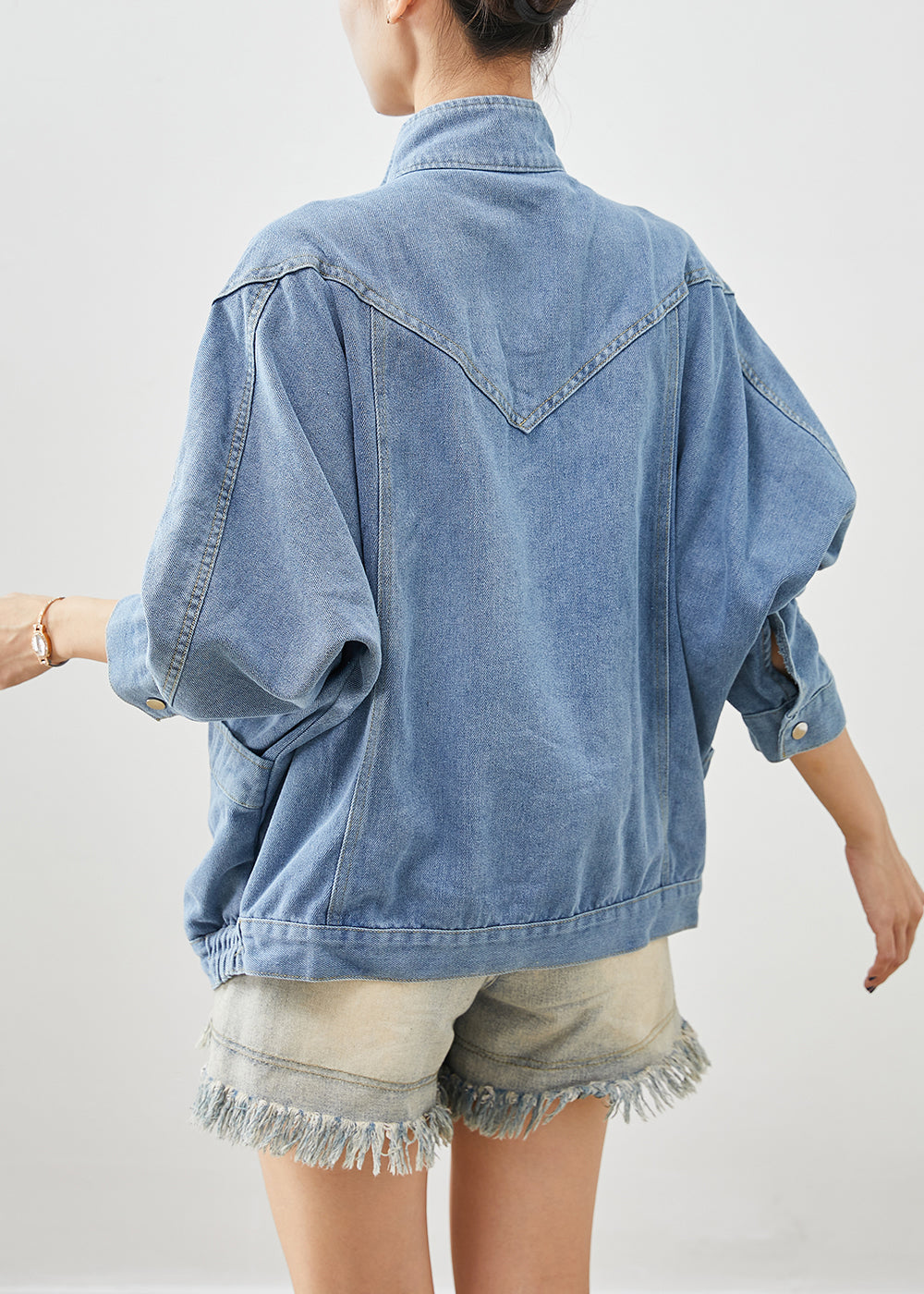 Blue Stand Collar Oversized Denim Coat Fall