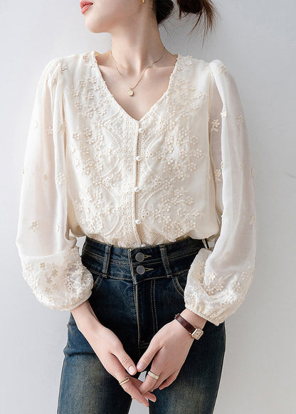 Organic Beige Embroidered Nail Bead Chiffon Shirt Tops Spring