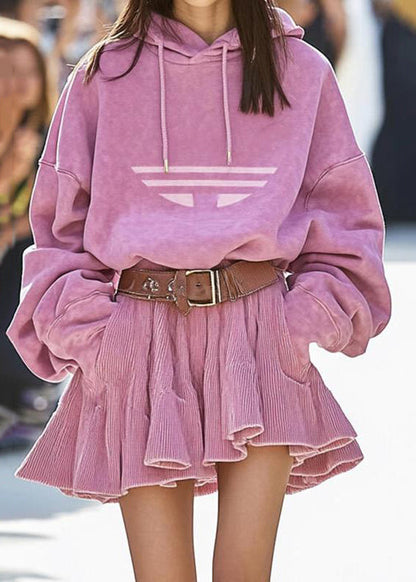 New Pink Hooded Sweatshirt and Skirts Cotton Two Pieces Set Fall
