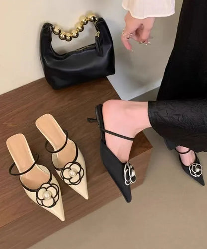 French Black Splicing Slide Sandals Pointed Toe