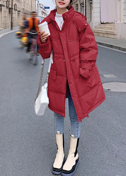 Red Pockets Hooded Drawstring Duck Down Coat Winter