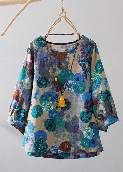 Blue O-neck Oversized Print Linen Blouses Bracelet Sleeve