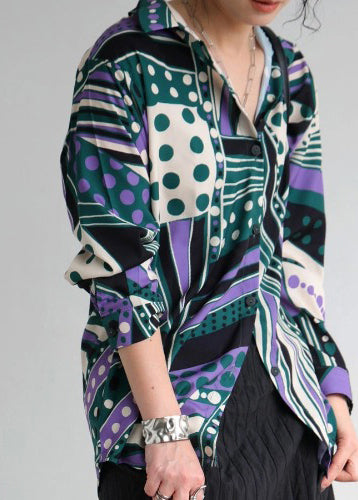 Green Oversized Print Chiffon Shirt Top Fall