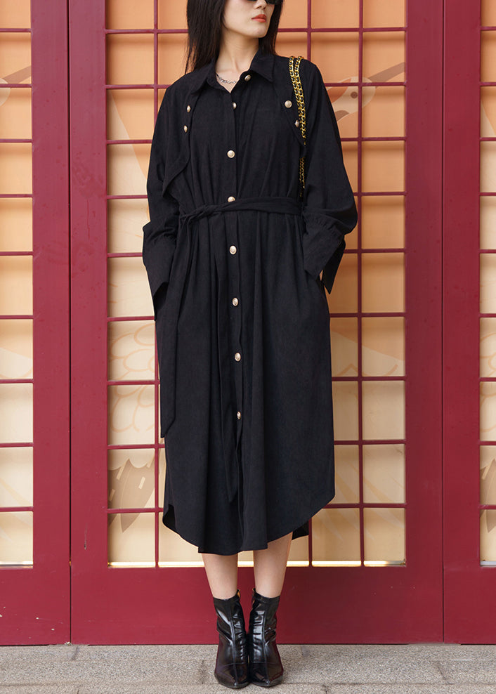Black Pockets Tie Waist Cotton Shirt Dress Long Sleeve