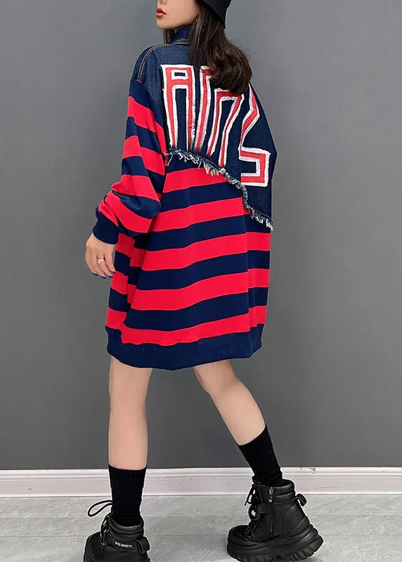 Boutique Red Striped Patchwork Denim Cotton Sweatshirts Dress Fall