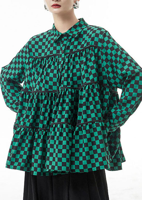 Green Plaid Chiffon Shirt Tops Patchwork Wrinkled Spring