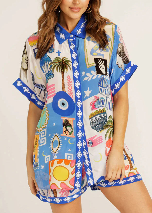 Blue Peter Pan Collar Print Ice Silk Two Pieces Set Summer