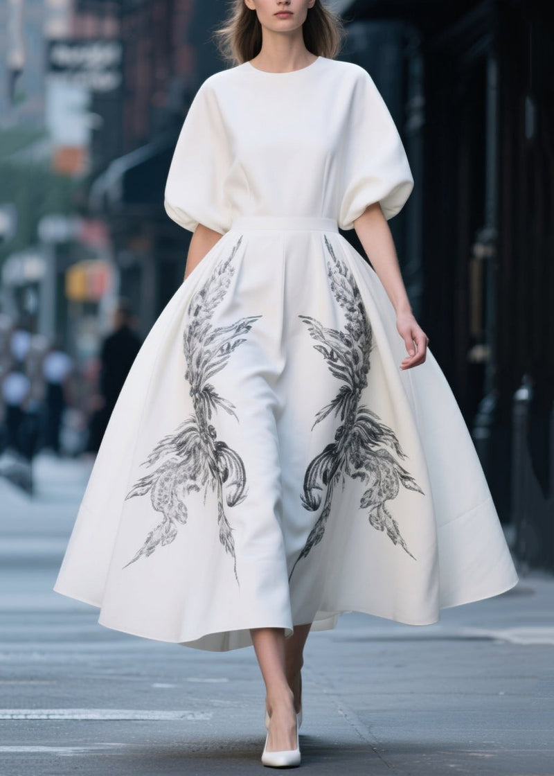French White Print Exra Large Hem Chiffon Dresses Summer