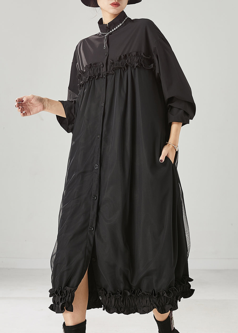 Black Ruffled Patchwork Tulle Cotton Maxi Dress Spring