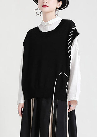 Black Knit Vest O-neck Drawstring Asymmetrical Spring