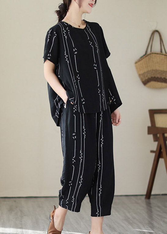 Black Low High Design Top and Harem Pants Two Piece Set Short Sleeve