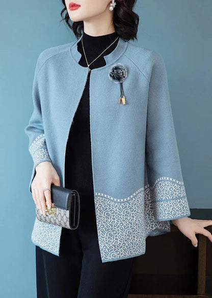 Classy Blue O-neck Patchwork Knit Coats Fall