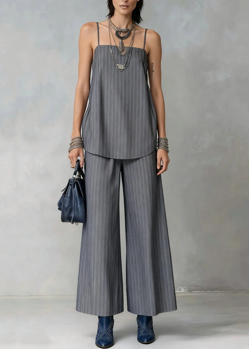French Grey Striped Spaghetti Strap Tank and Wide Leg Pants Cotton Two Pieces Set Sleeveless
