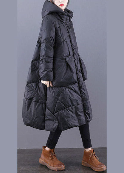 Loose Black Hooded Pockets Cotton Blend Winter Down Coat