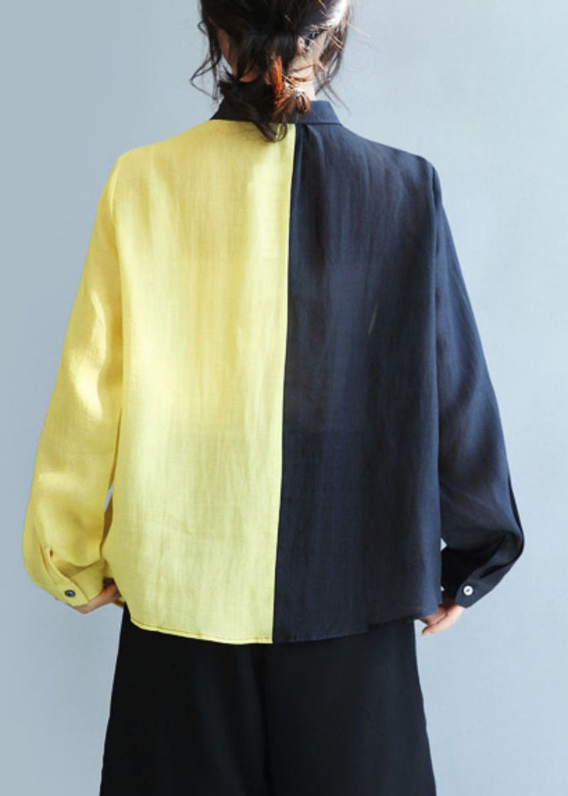 Black Peter Pan Collar Sunflower Print Linen Shirt Fall