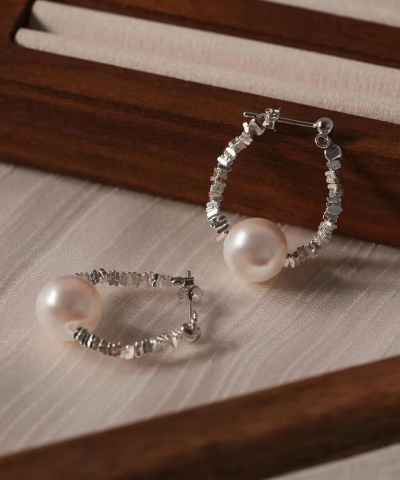 Diy Silk Copper Broken Silver Pearl Hoop Earrings