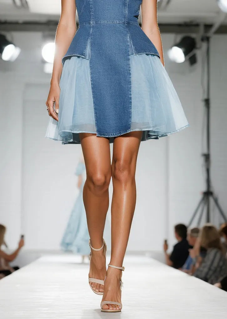 Blue Ruffled Tulle Patchwork Denim Dress Summer