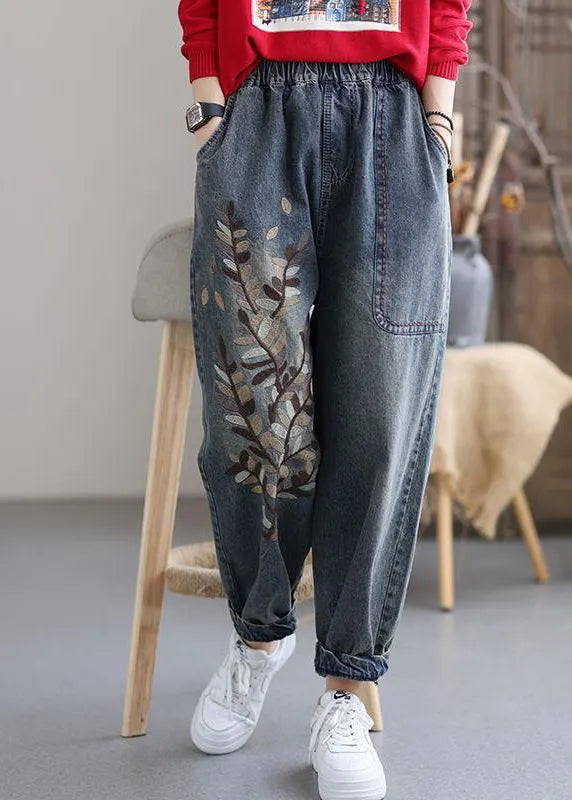 Art Blue Embroideried Pockets Elastic Waist Cotton Denim Harem Pants Fall