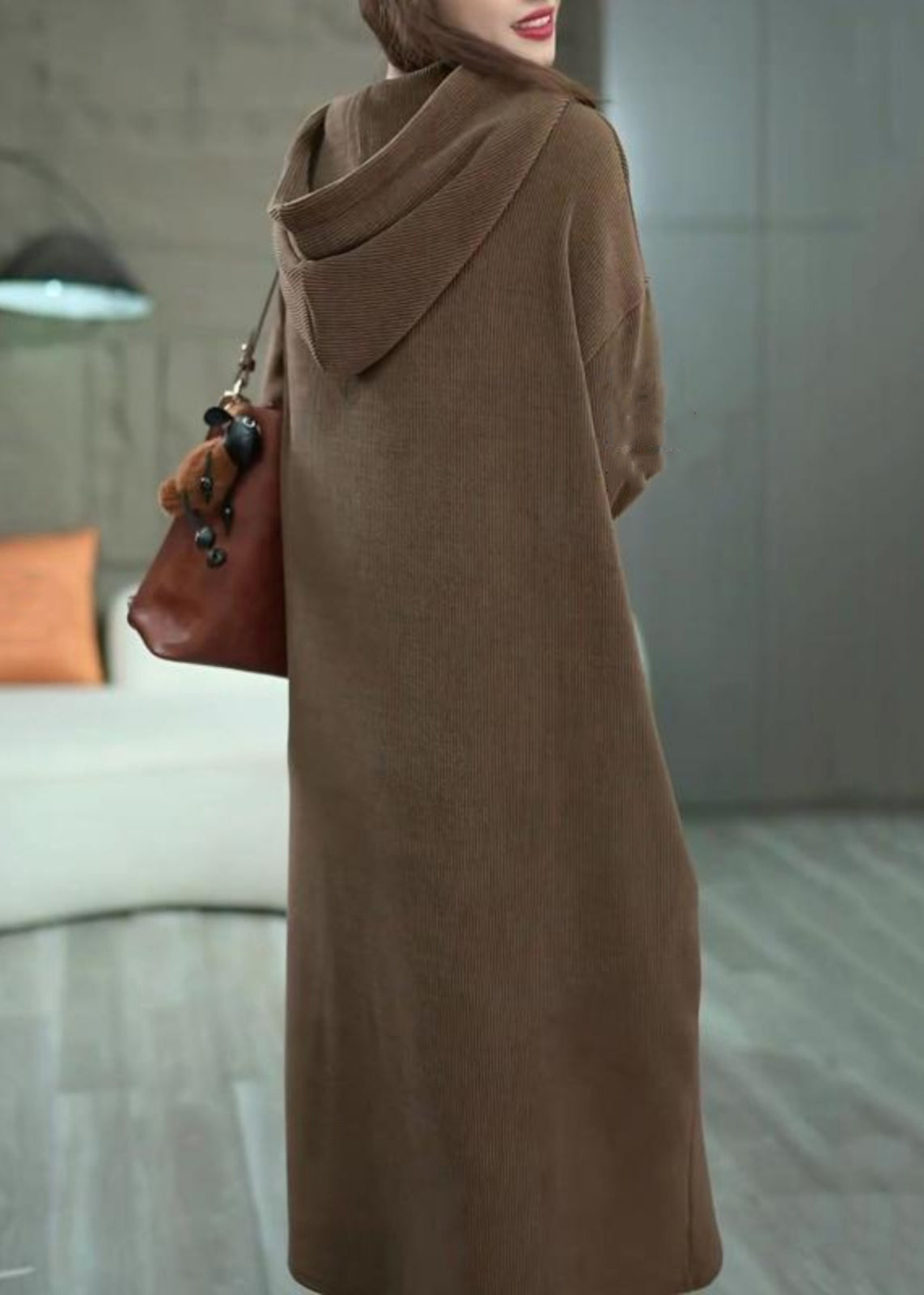 Loose Coffee Hooded Pockets Cotton Long Dress Winter