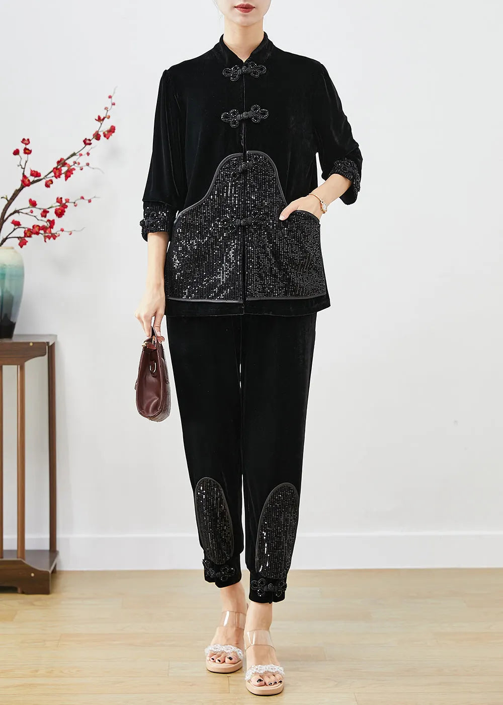 Black Sequins Patchwork Chinese Button Silk Velour Two Pieces Set Fall