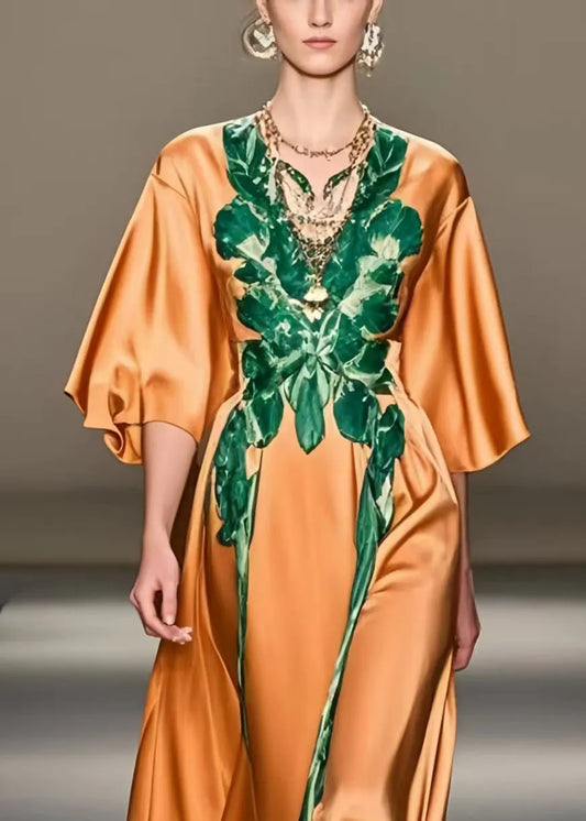 Orange Print Silk Long Dress Half Sleeve