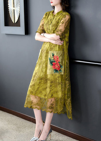 Yellow Embroideried Pockets Patchwork Tulle Dress Summer